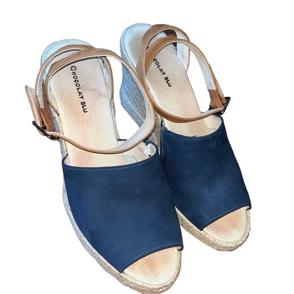 Chocolat Blu women’s navy blue and brown suede espadrilles Size 41 US 11